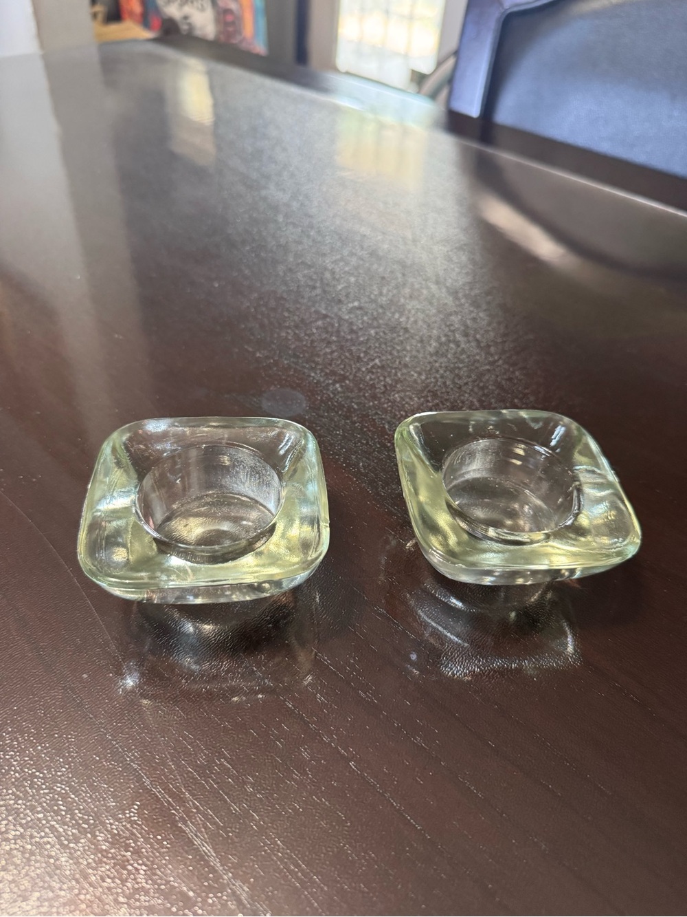 Pair Of 2 Clear Glass Votive Tea Light Candle Holders Square (Light Green Tint)